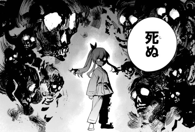 闇に満ちた髑髏の群れの中、道着姿のニアお嬢様が静かに立つ。「死ぬ」と告げる冷気のような気配が広がる（狂乱令嬢ニア・リストン）