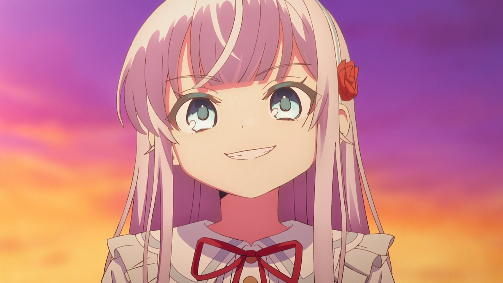 アニメ第3話、レストラン「黒百合の香り」で料理を前にするニア