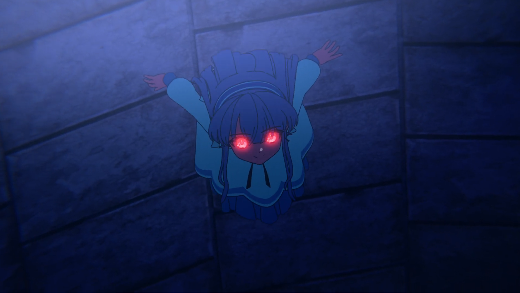 アニメ第3話の集団戦で、赤い目を光らせながら戦いを楽しむニア。「良心の傷まない拳」の演出